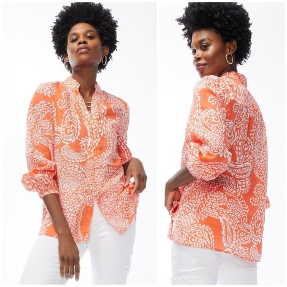 Chicos Womens Orange Paisley Button‎ Up Blouse Long Sleeve Split Neck Size 14 - Picture 2 of 11